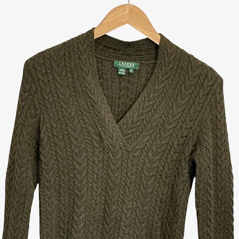Lauren‎ Ralph Lauren Petite Olive Green Cable Knit Surplice V-Neck Sweater P/S